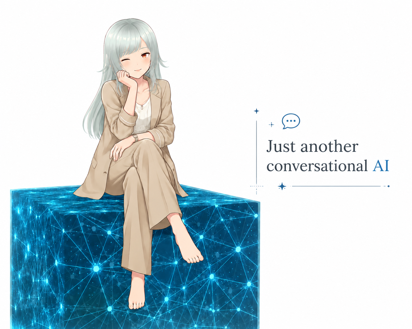 The A.I.Y.A avatar — a stylised figure seated on a glowing blue network cube, captioned 'Just another conversational AI'.