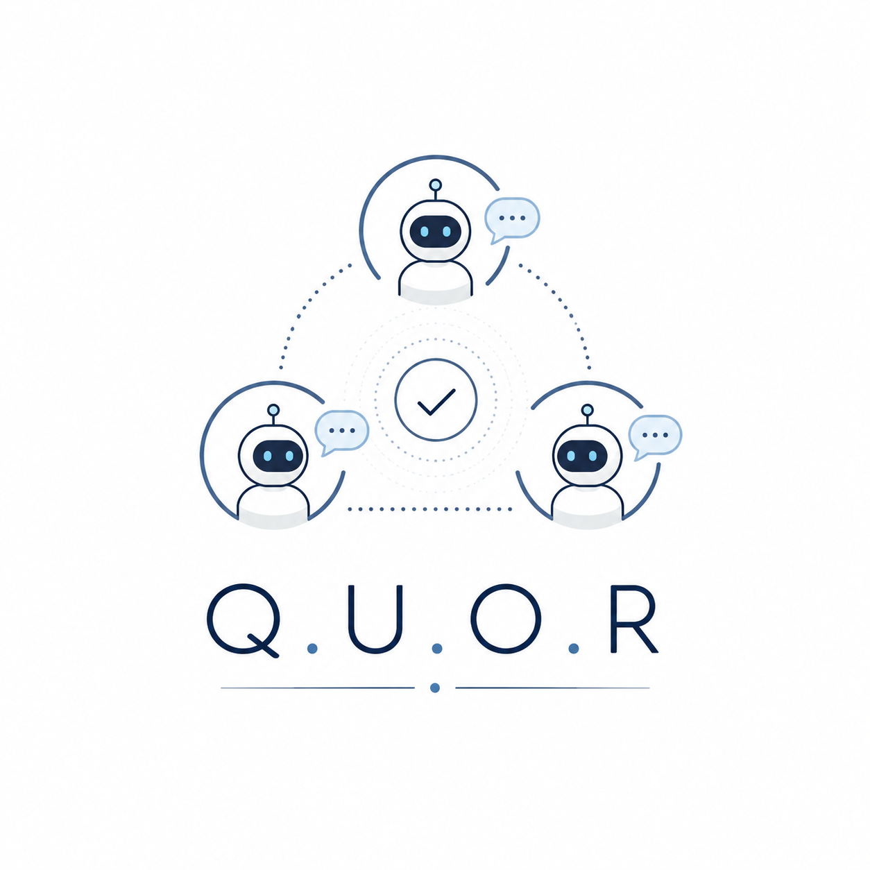 The Q.U.O.R mark — three robot faces linked by dotted lines into a triangle around a central checkmark, representing the majority-voting consensus between three language models.