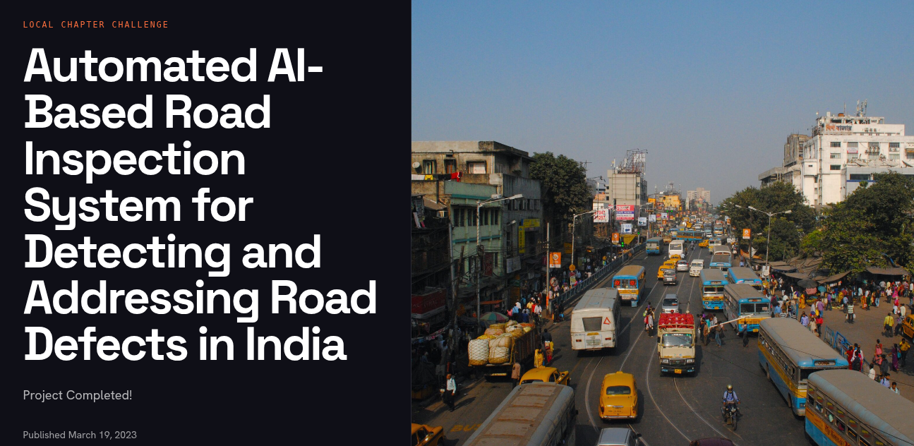 Omdena project card for "Automated AI-Based Road Inspection System for Detecting and Addressing Road Defects in India", alongside a photograph of a busy Indian street filled with buses and traffic.